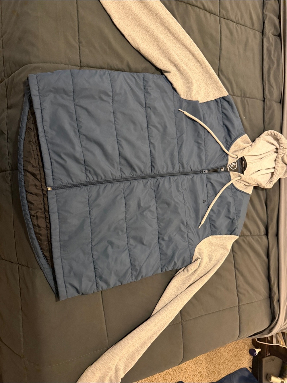 Volcom Men's Slate Blue Quilted Zip Hoodie with Heather Gray Sleeves